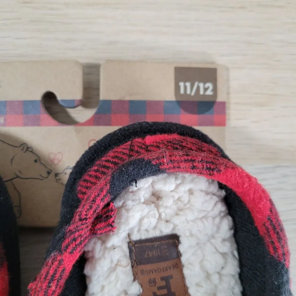 Kids Slippers Dearfoams Lil Bear 11/12 Check Plaid Memory Foam Soft Warm NWT